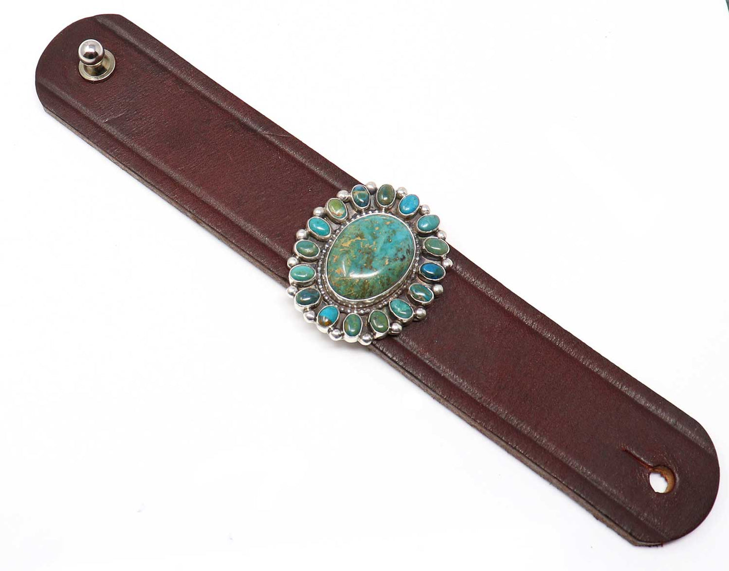 Load image into Gallery viewer, Turquoise &amp;amp; Chrysocolla Medalion Leather Bracelet by Laura Ingalls
