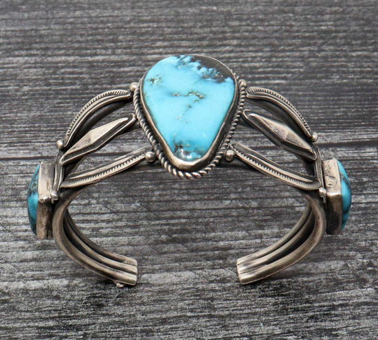 Load image into Gallery viewer, 3 Stone Silver Bracelet Featuring Hubei Turquoise
