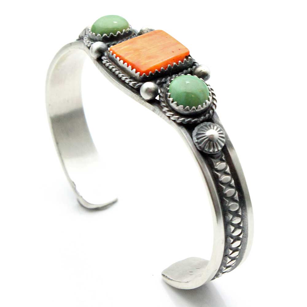 Load image into Gallery viewer, Navajo Silver Bracelet with Orange Spondylus &amp;amp; Turquoise
