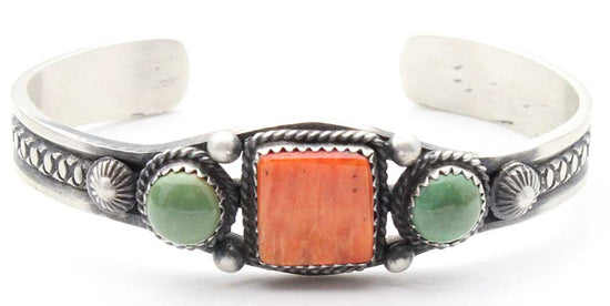 Load image into Gallery viewer, Navajo Silver Bracelet with Orange Spondylus &amp;amp; Turquoise
