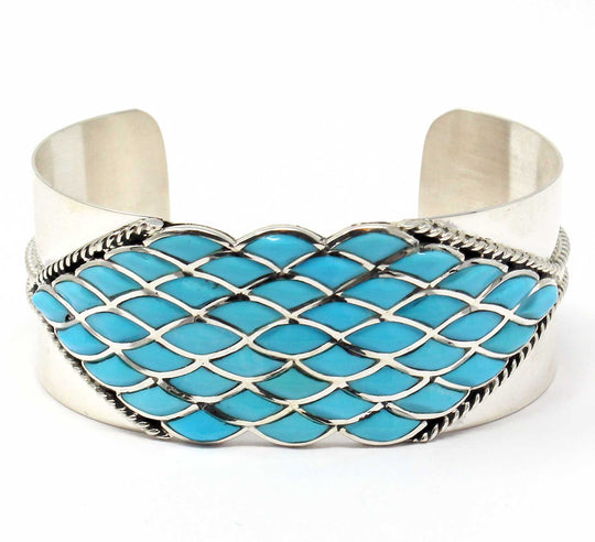 1" Wide Zuni Turquoise Inlay Silver Bracelet by Chavez