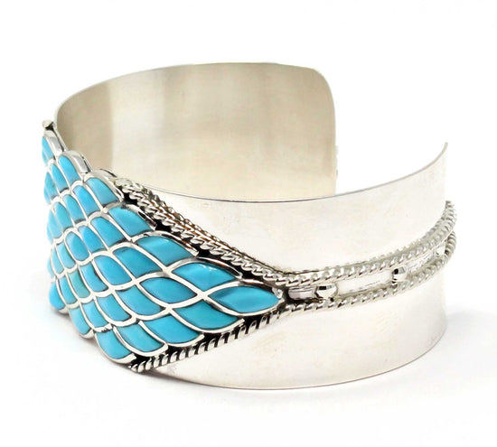 1" Wide Zuni Turquoise Inlay Silver Bracelet by Chavez