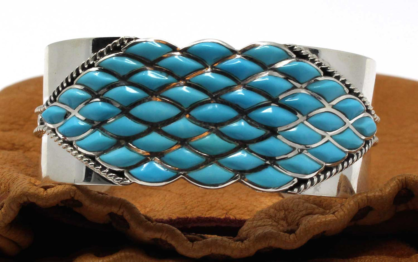 1" Wide Zuni Turquoise Inlay Silver Bracelet by Chavez