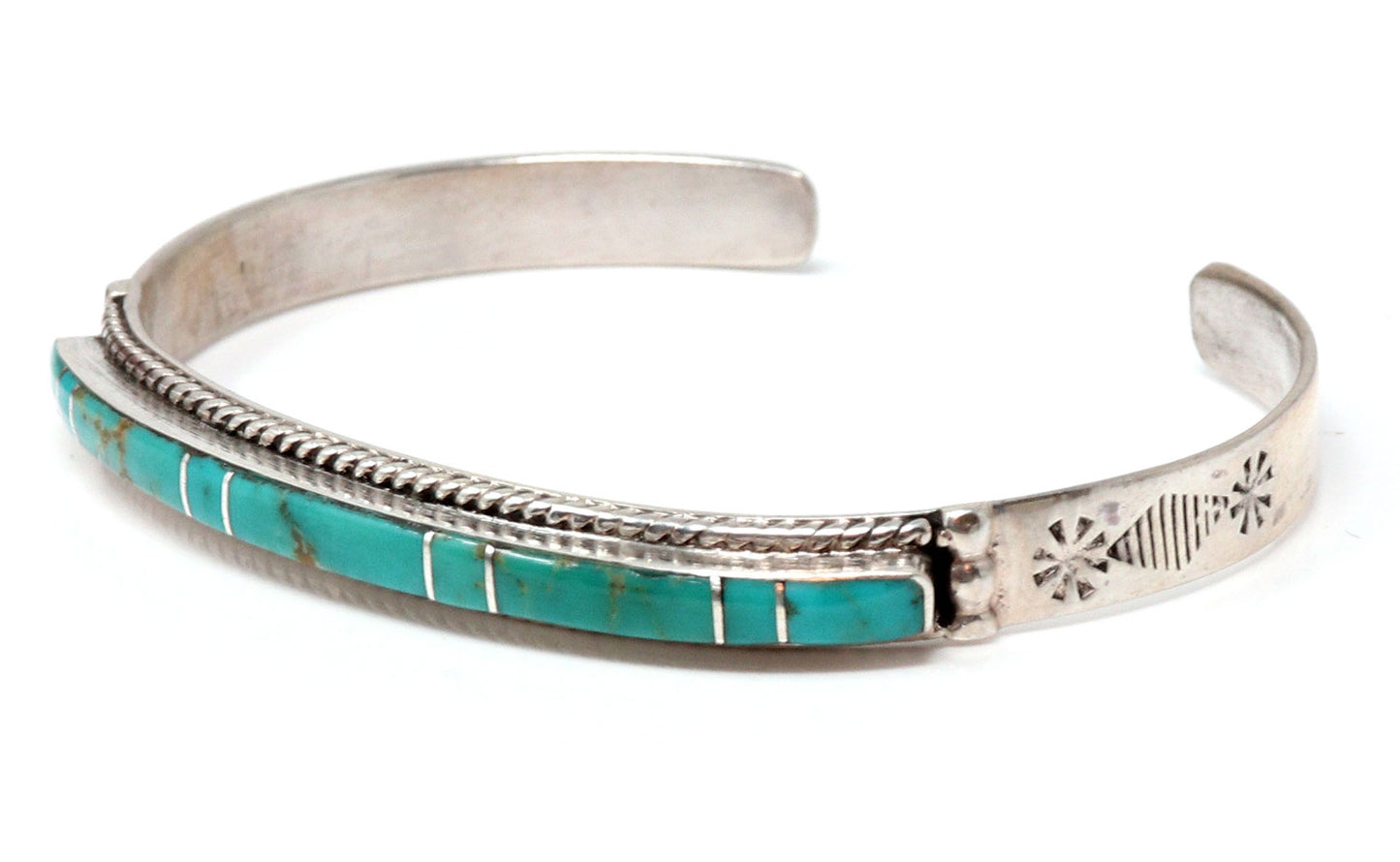 Load image into Gallery viewer, Sterling Silver &amp;amp; Blue Green Turquoise Inlay Bracelet by Livingston
