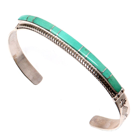 Load image into Gallery viewer, Sterling Silver &amp;amp; Blue Green Turquoise Inlay Bracelet by Livingston
