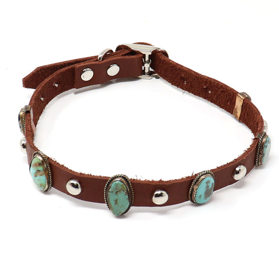 Sterling Silver & Turquoise Leather Dog Collar by Martinez