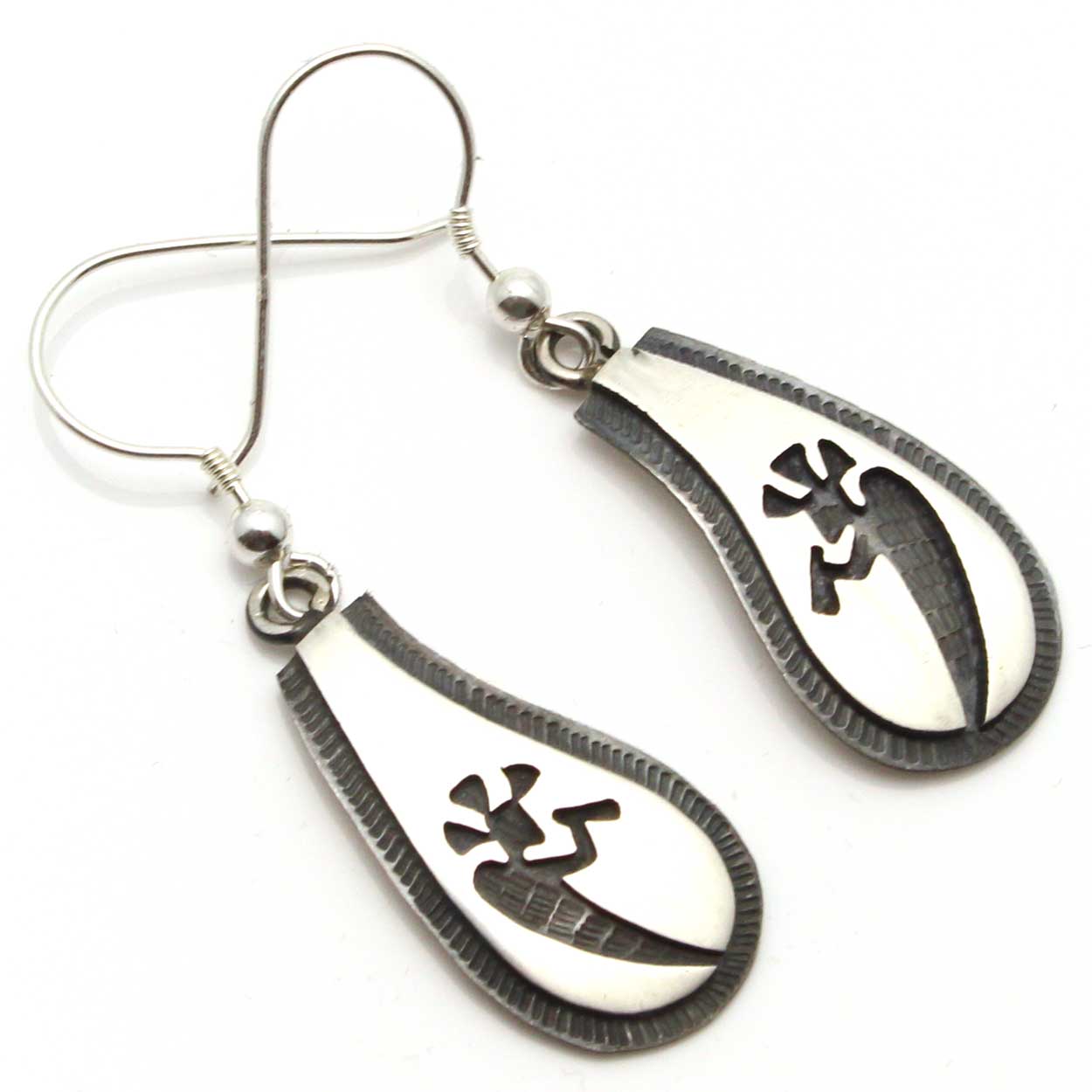 Load image into Gallery viewer, 1 1/8&amp;quot; Hopi Overlay Kokopelli Silver Earrings

