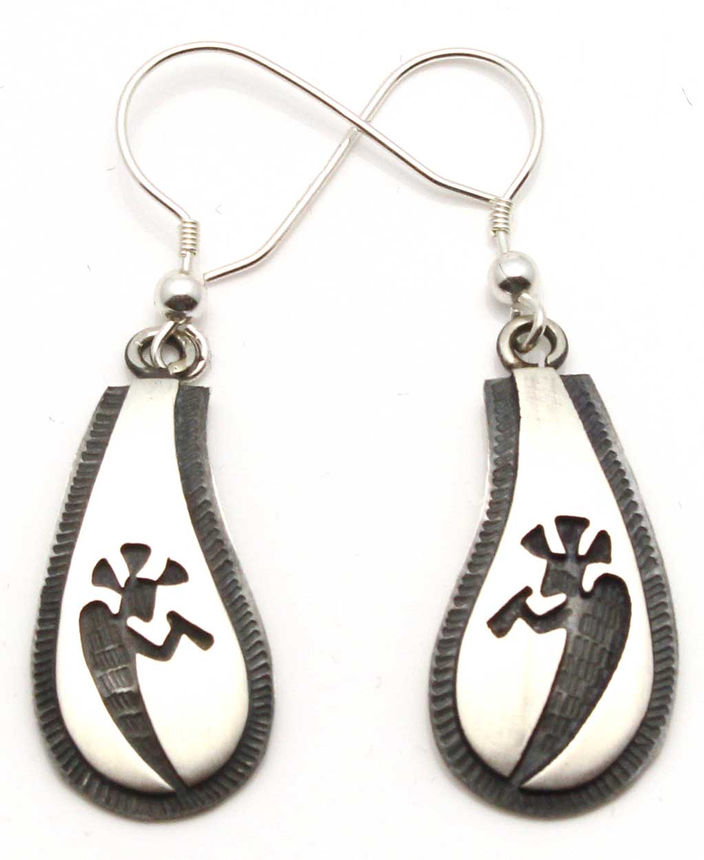 Load image into Gallery viewer, 1 1/8&amp;quot; Hopi Overlay Kokopelli Silver Earrings
