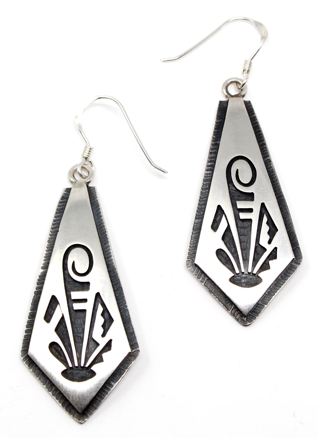Load image into Gallery viewer, 1.75&amp;quot; Hopi Silver Overlay Prayer Feathers Earrings
