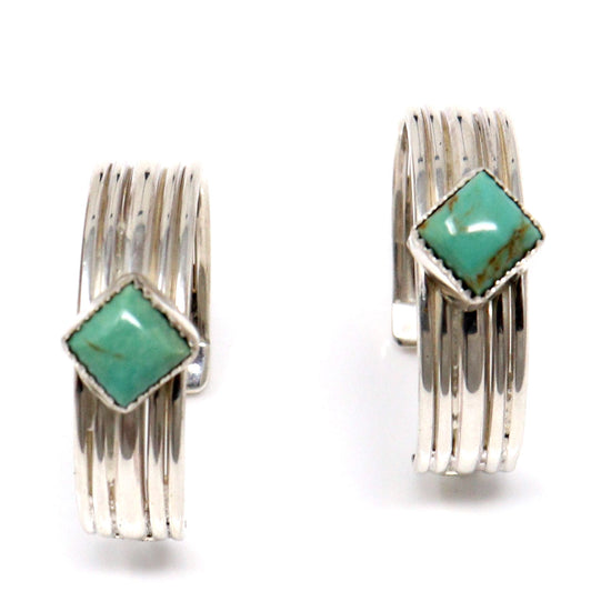 Load image into Gallery viewer, Silver &amp;amp; Turquoise Hoop Earrings
