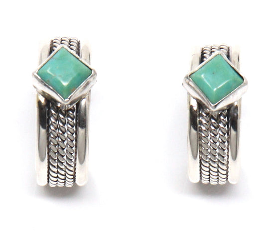 Load image into Gallery viewer, Silver &amp;amp; Turquoise Hoop Earrings by Tahe
