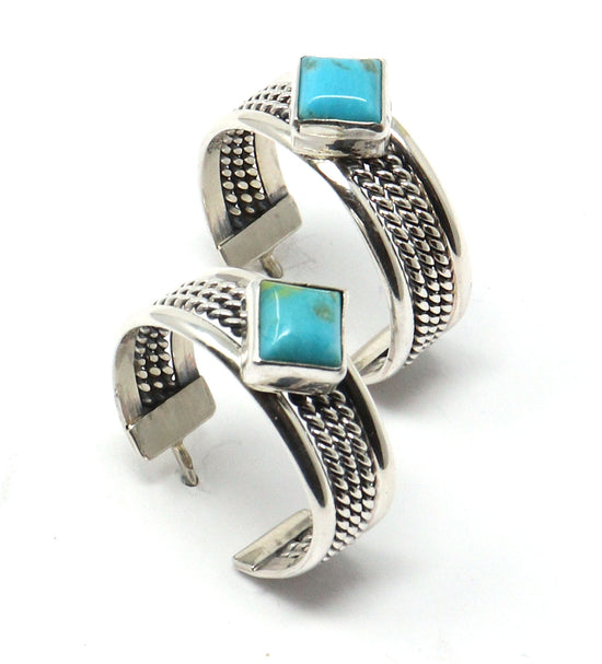Load image into Gallery viewer, Silver &amp;amp; Turquoise Hoop Earrings by Tahe
