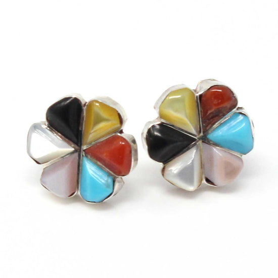 Zuni Multi Color Inlay Flower Stud Earrings