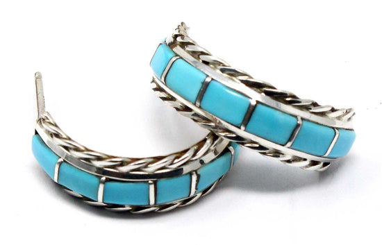 Load image into Gallery viewer, Zuni Turquoise Hoop Earrings by Chavez
