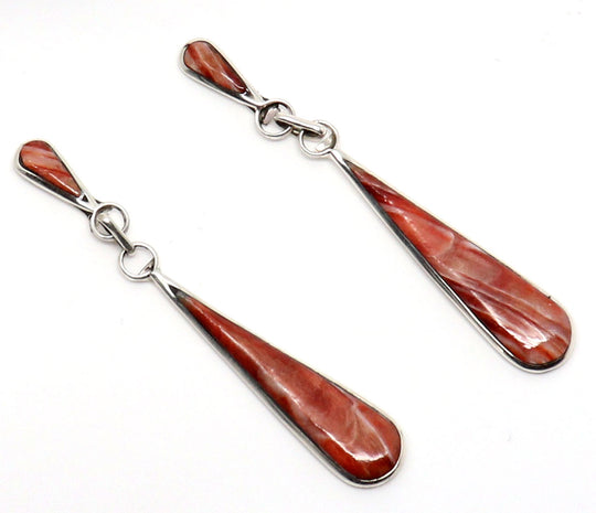 2" Zuni Silver & Red Spiny Oyster Tear Drop Dangles