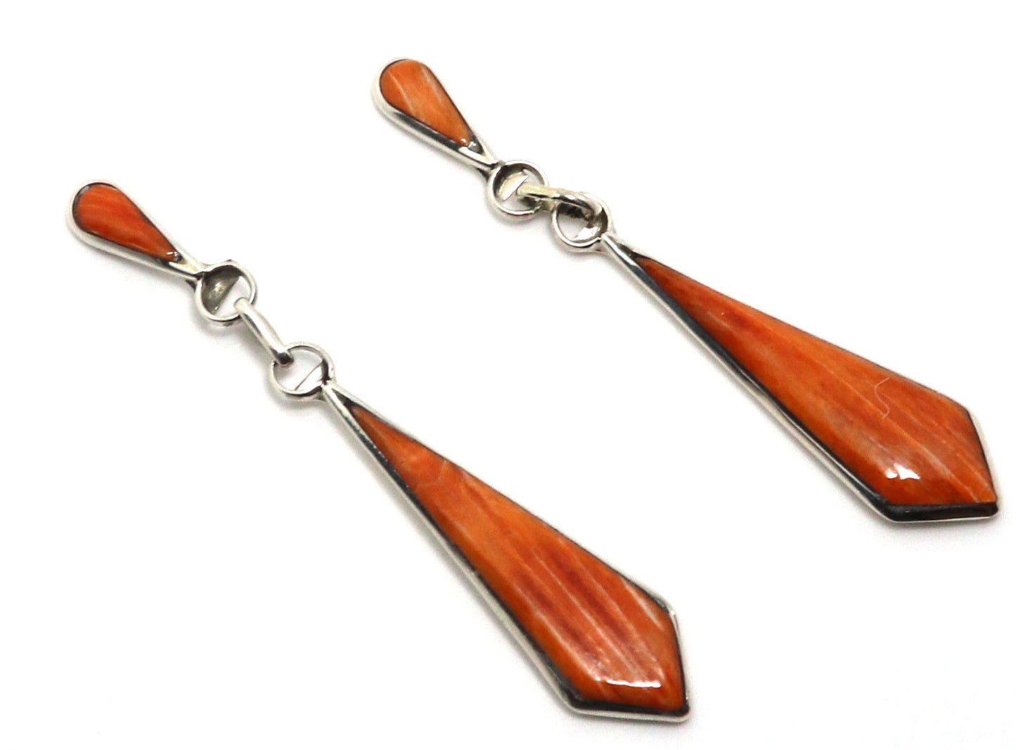 Load image into Gallery viewer, 2&amp;quot; Zuni Silver &amp;amp; Orange Spiny Oyster Geometric Dangles
