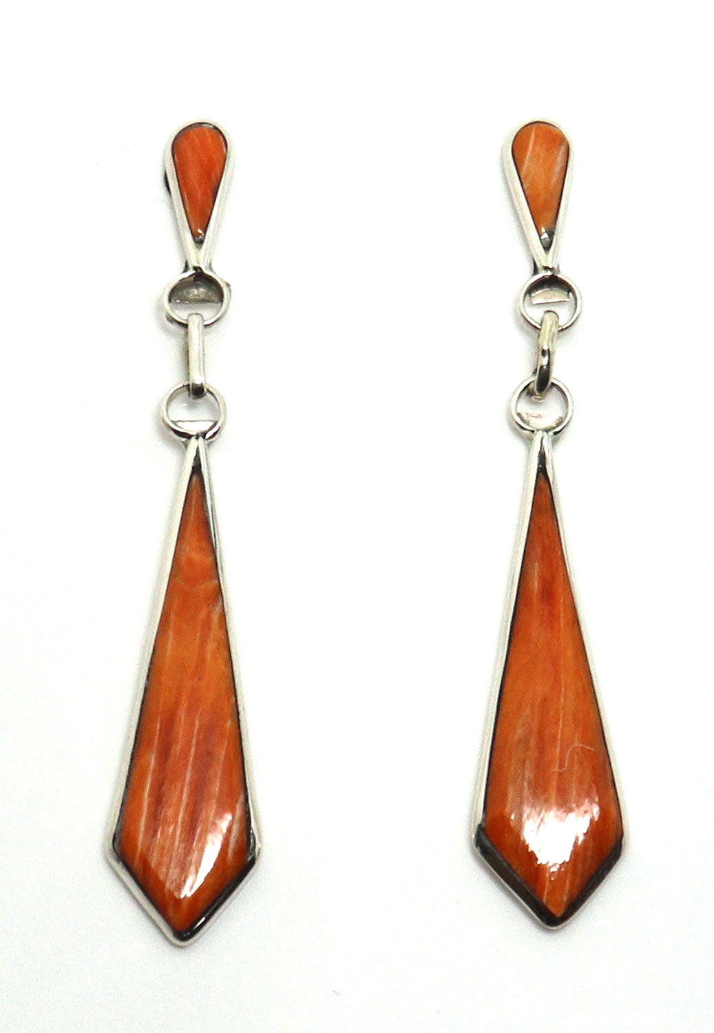 Load image into Gallery viewer, 2&amp;quot; Zuni Silver &amp;amp; Orange Spiny Oyster Geometric Dangles
