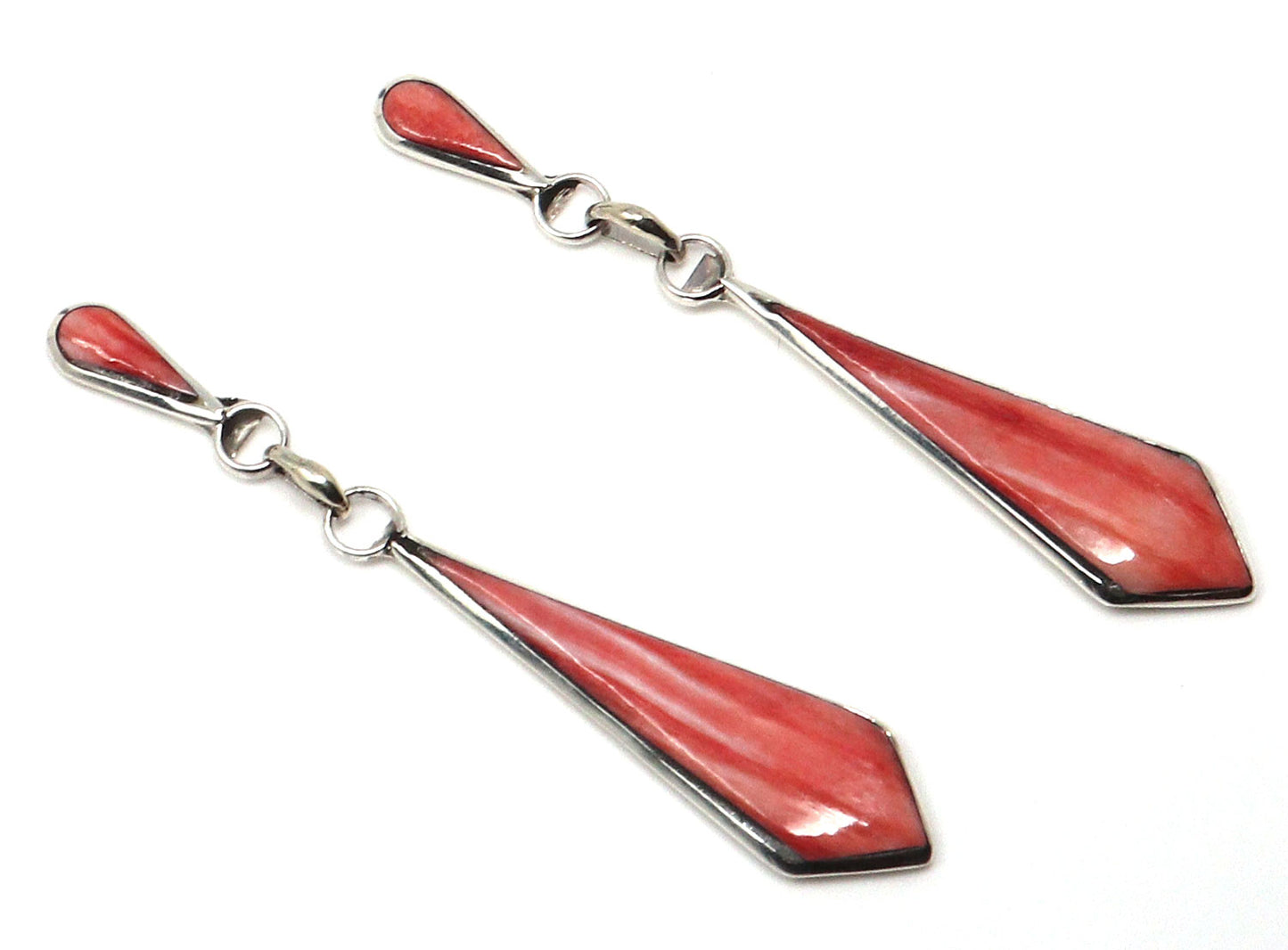 2" Zuni Silver & Red Spiny Oyster Geometric Dangles