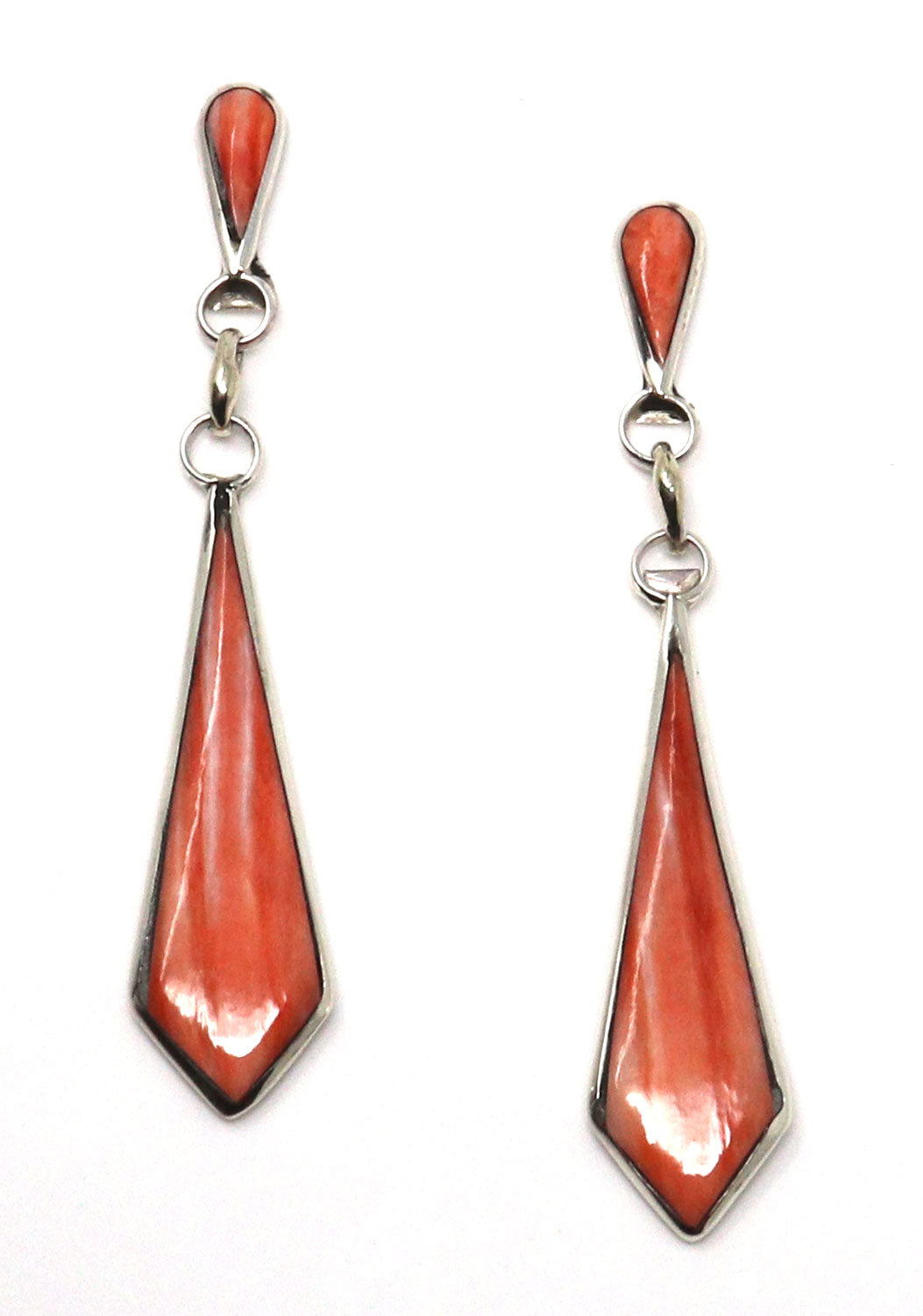 2" Zuni Silver & Red Spiny Oyster Geometric Dangles