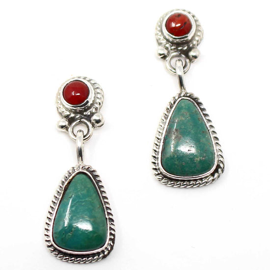 Navajo Sterling Silver Turquoise & Coral Dangle Earrings
