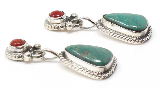 Navajo Sterling Silver Turquoise & Coral Dangle Earrings