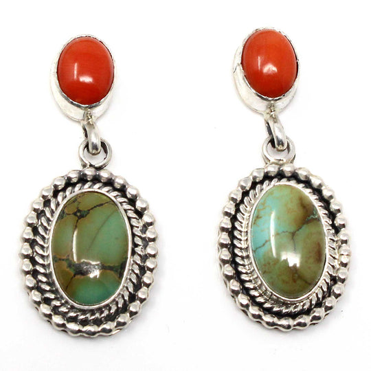 Turquoise & Coral Dangle Earrings by Larry