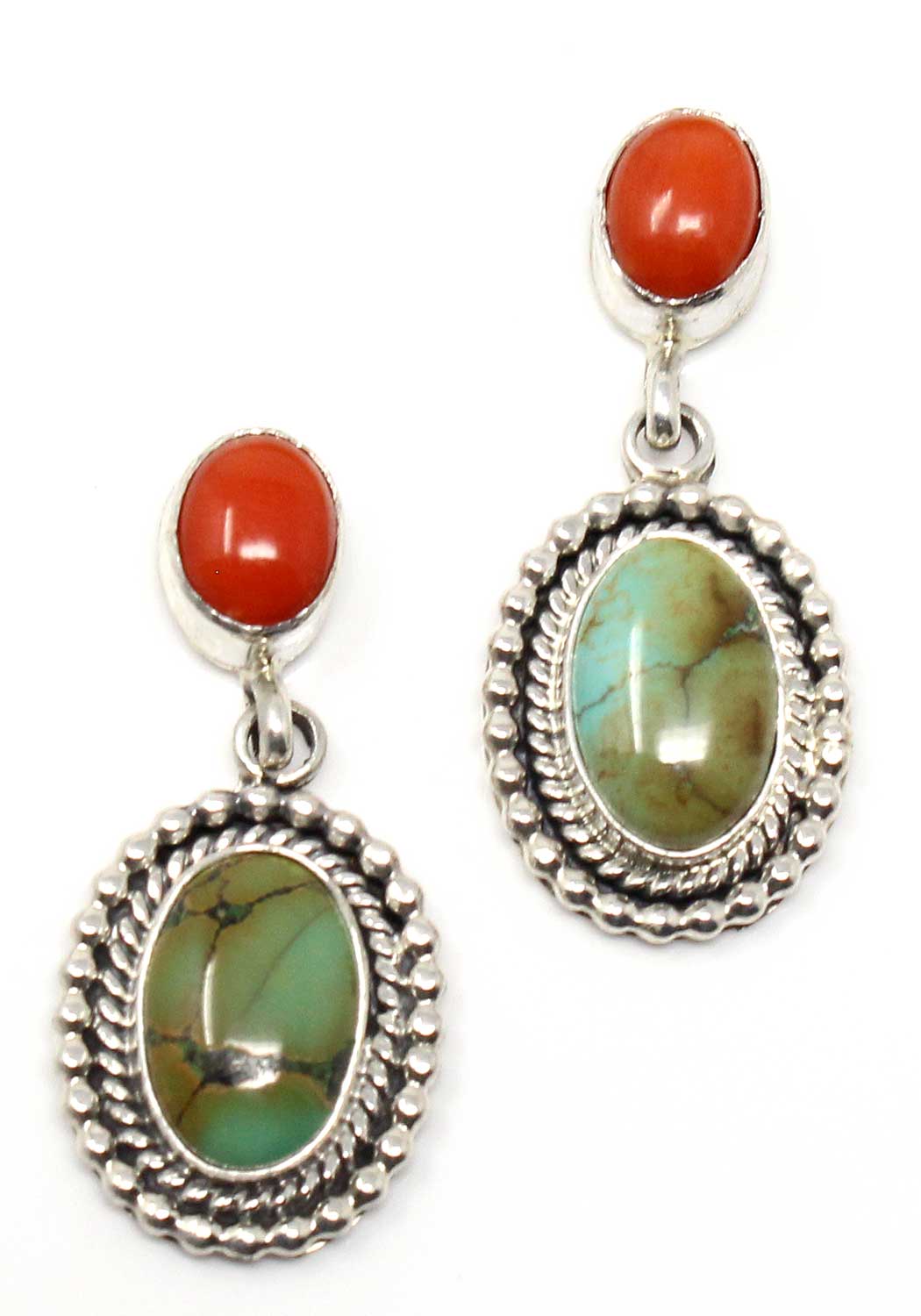 Turquoise & Coral Dangle Earrings by Larry