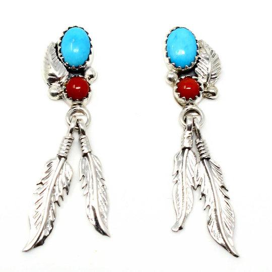 Turquoise & Coral Feather Dangle Earrings by McCarthy
