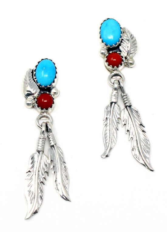 Load image into Gallery viewer, Turquoise &amp;amp; Coral Feather Dangle Earrings by Spencer
