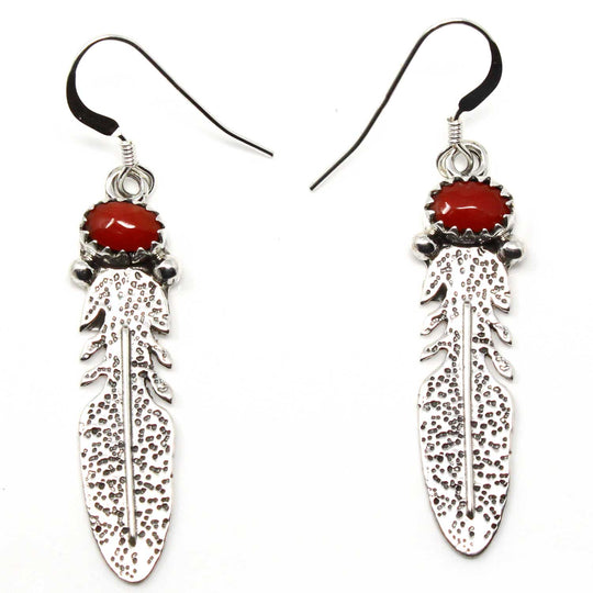 Coral Sterling Silver Feather Earrings