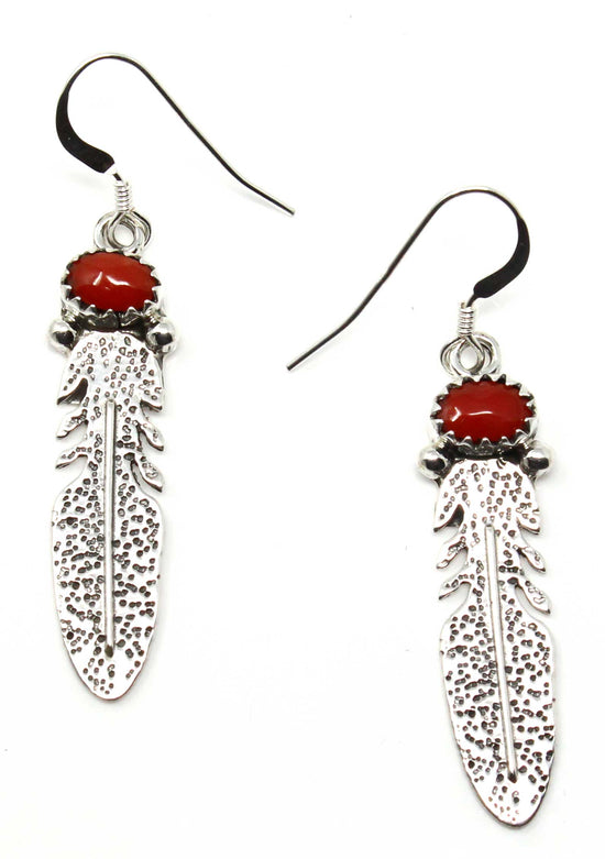 Coral Sterling Silver Feather Earrings