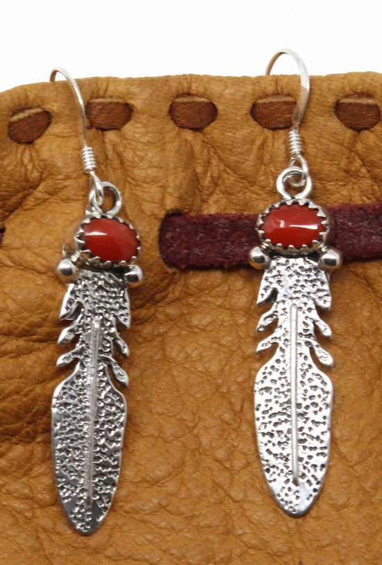 Coral Sterling Silver Feather Earrings