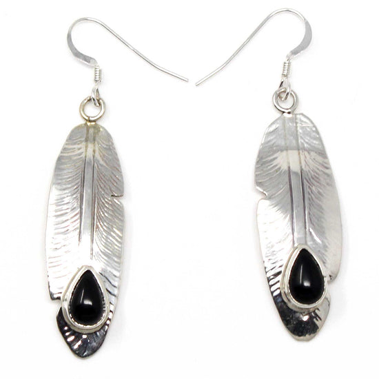 Load image into Gallery viewer, Sterling Silver &amp;amp; Jet Feather Earrings
