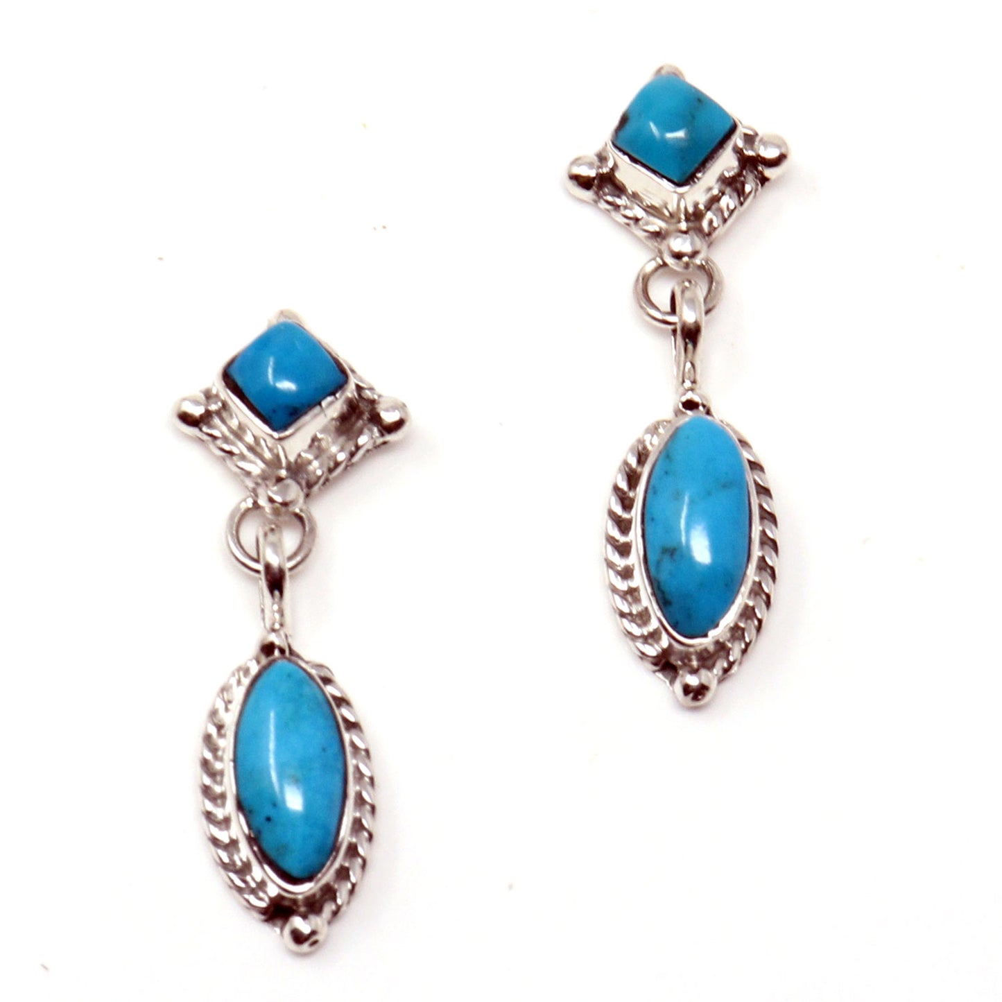Load image into Gallery viewer, Navajo Sterling Silver &amp;amp; Blue Turquoise Dangle Earrings
