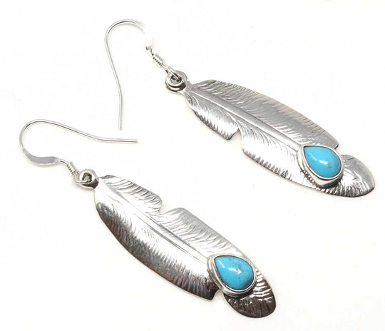 Navajo Sterling Silver & Turquoise Feather Dangle Earrings