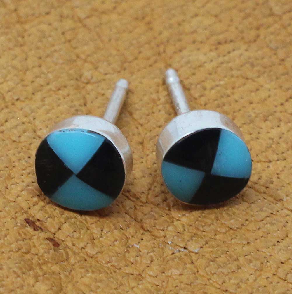 Load image into Gallery viewer, Zuni Silver Turquoise &amp;amp; Jet Dot Earrings
