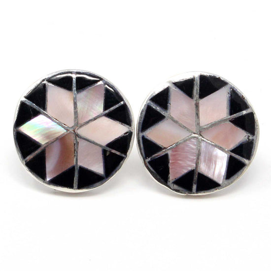 Load image into Gallery viewer, Zuni Pink Mussel Shell &amp;amp; Jet Stud Earrings by Chavez
