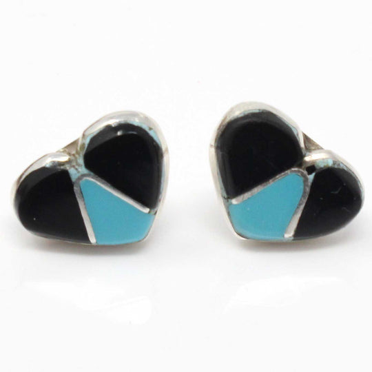 Zuni Imitation Turquoise & Jet Heart Earrings By Bowannie