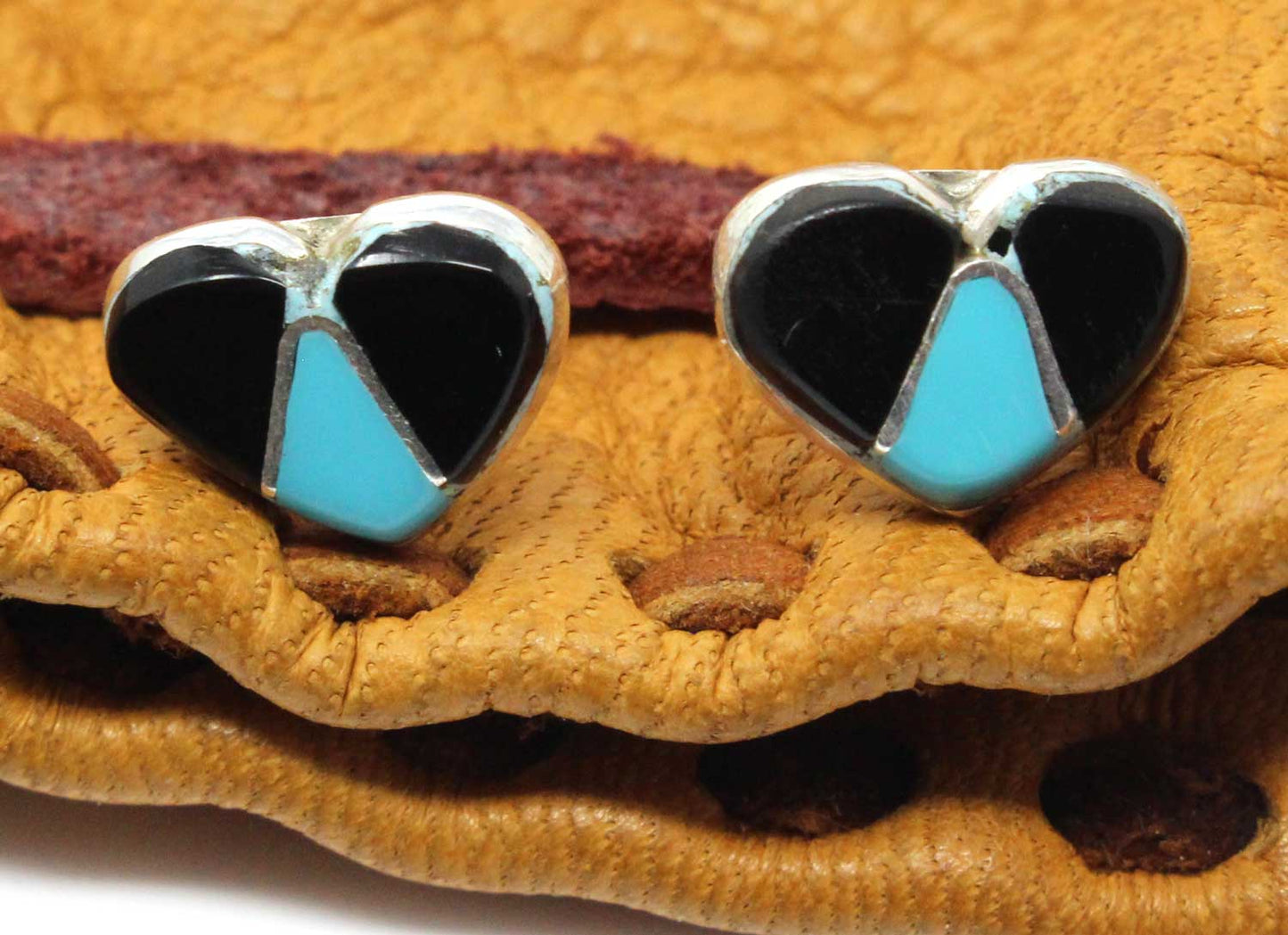 Zuni Imitation Turquoise &Jet Heart Earrings By Bowannie