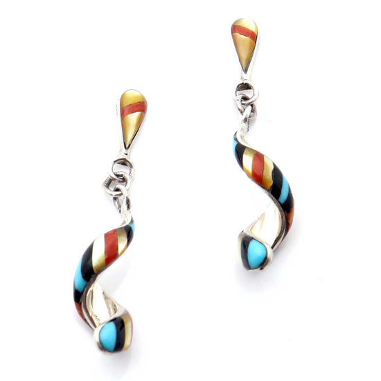 Load image into Gallery viewer, Zuni Multi-Color Silver Spiral Earrings by Edaakie
