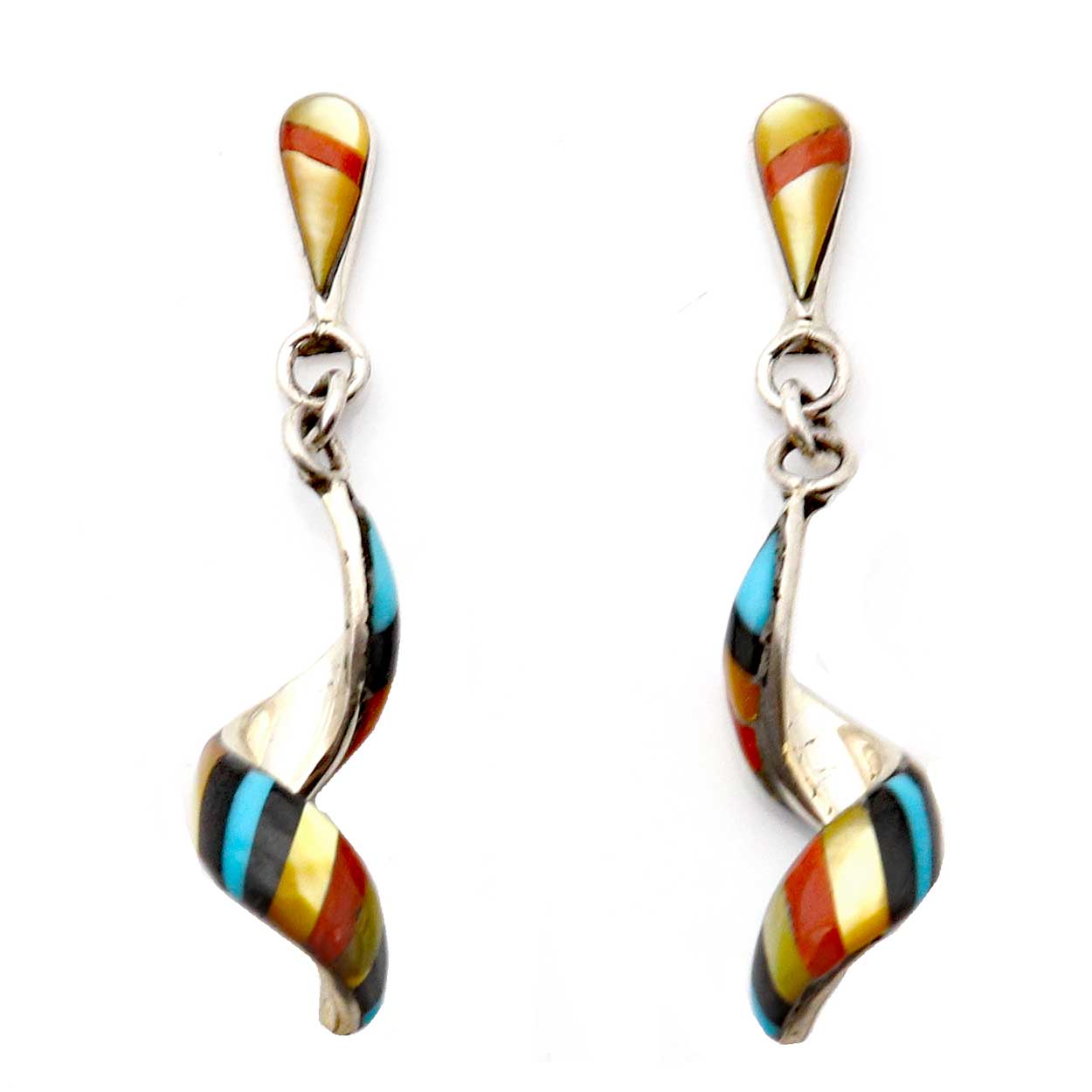 Load image into Gallery viewer, Zuni Multi-Color Silver Spiral Earrings by Edaakie
