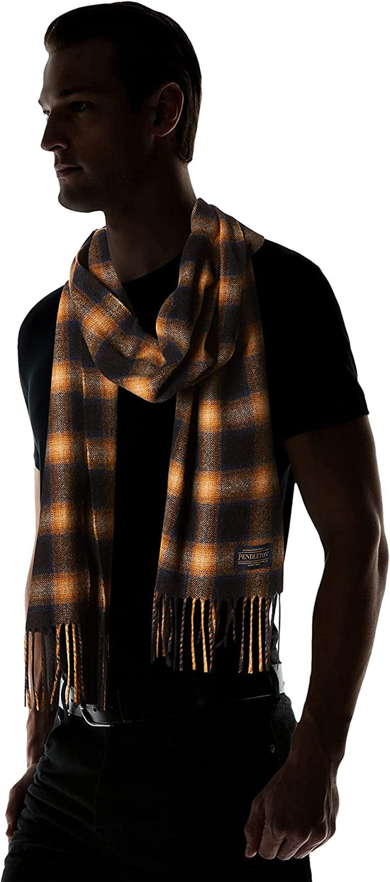Load image into Gallery viewer, Pendleton Plaid Scarf, Blue/Gold/Shadow
