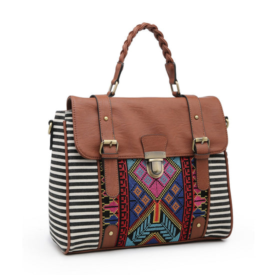 Harlow Aztec Embroidered Satchel w/ Braided Handle and Detachable Strap