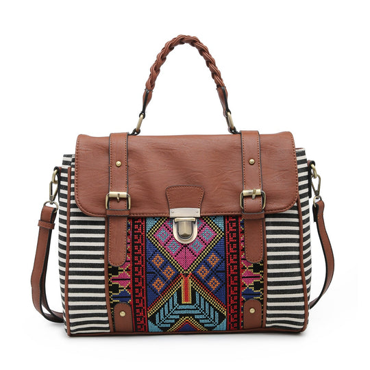Harlow Aztec Embroidered Satchel w/ Braided Handle and Detachable Strap
