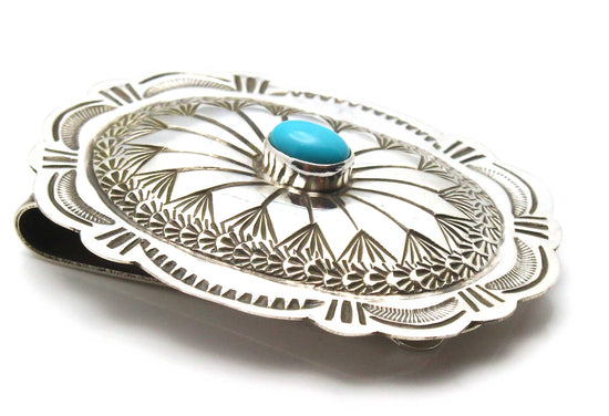 Stamped Silver & Turquoise Oval Money Clip By Blackgoat E