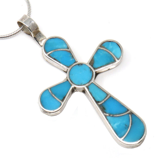 Channel Inlay Turquoise Cross Pendant by Johnson