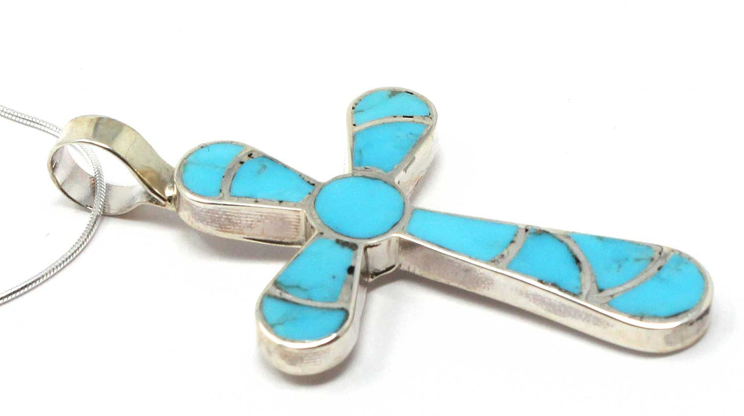 Channel Inlay Turquoise Cross Pendant by Johnson