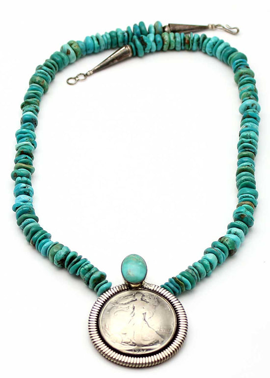 Turquoise  Necklace with Silver Dollar Pendant
