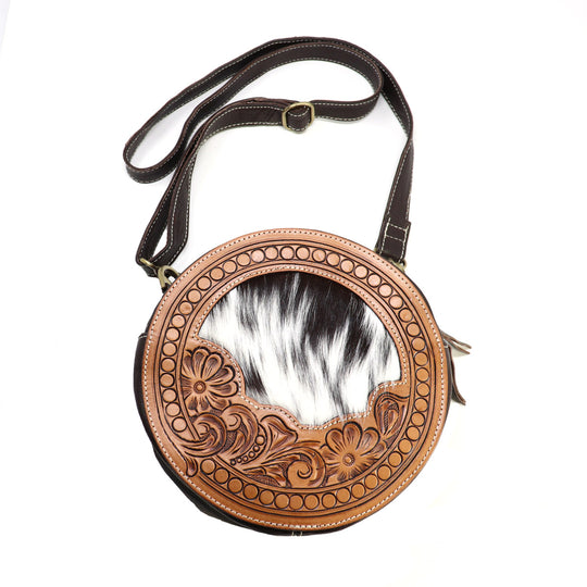 Hand Tooled Leather Round Hair-On Crossbody