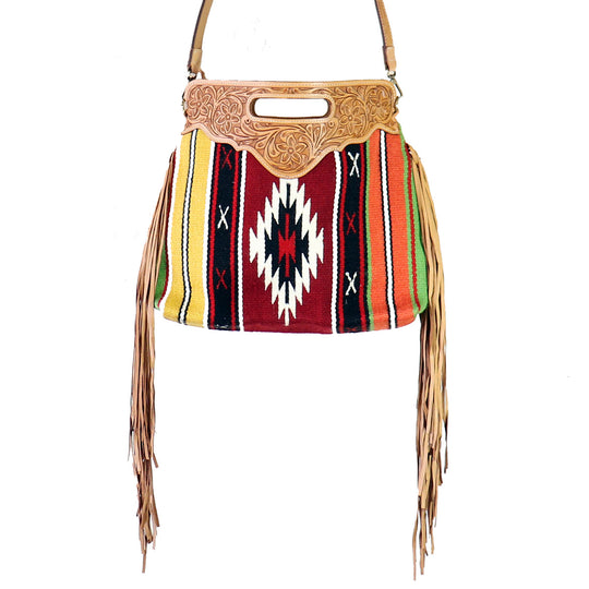 Hand Tooled Leather Serape Bag With Fringe